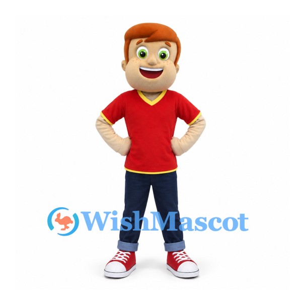 Boy Mascot Costume with Red V Neck Shirt and Dark Jeans