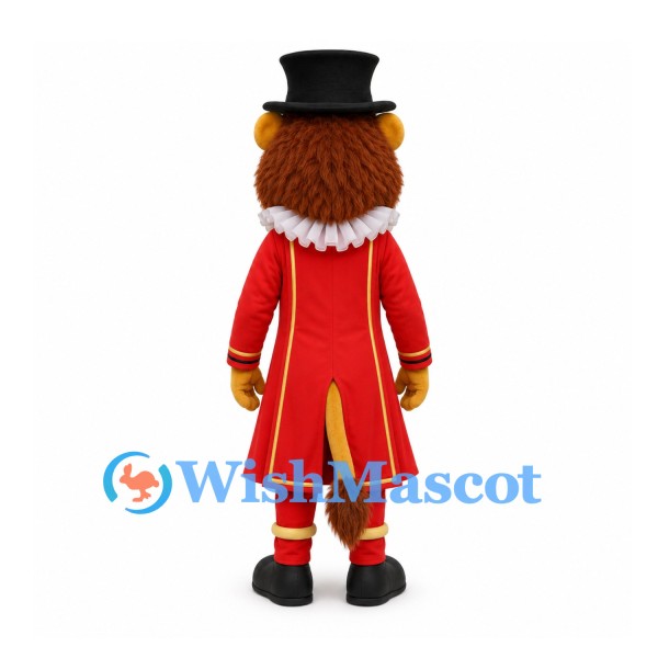 Lion Mascot Costume with Red Ringmaster Coat and Black Top Hat