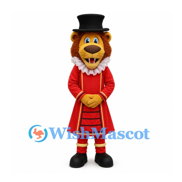 Lion Mascot Costume with Red Ringmaster Coat and Black Top Hat