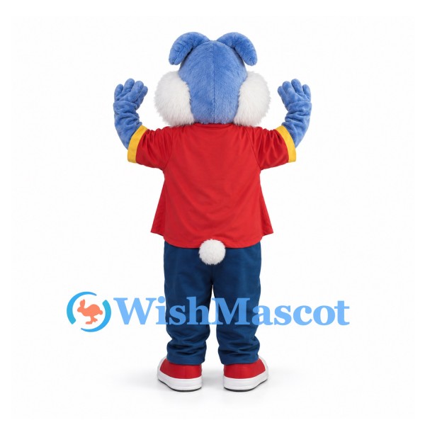 Rabbit Mascot Costume in Blue with Red Shirt and Dark Pants
