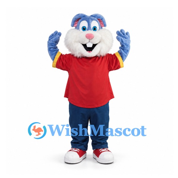 Rabbit Mascot Costume in Blue with Red Shirt and Dark Pants