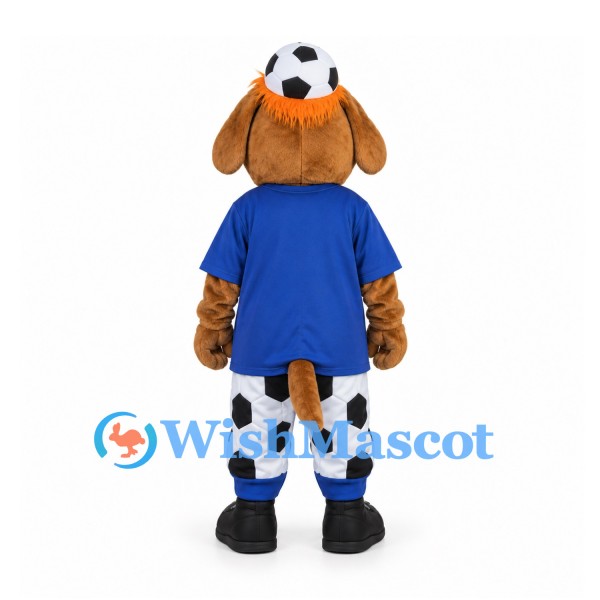 Dog Mascot Costume with Blue Shirt and Soccer Print Pants