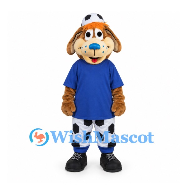 Dog Mascot Costume with Blue Shirt and Soccer Print Pants