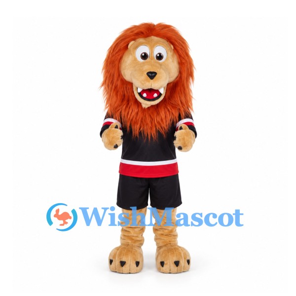 Lion Mascot Costume with Black Sports Uniform and Red Trim