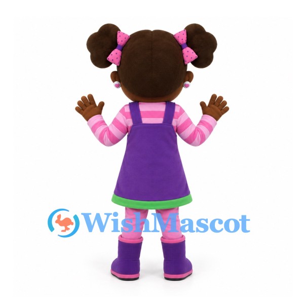 Girl Mascot Costume with Purple Pinafore and Pink Striped Shirt