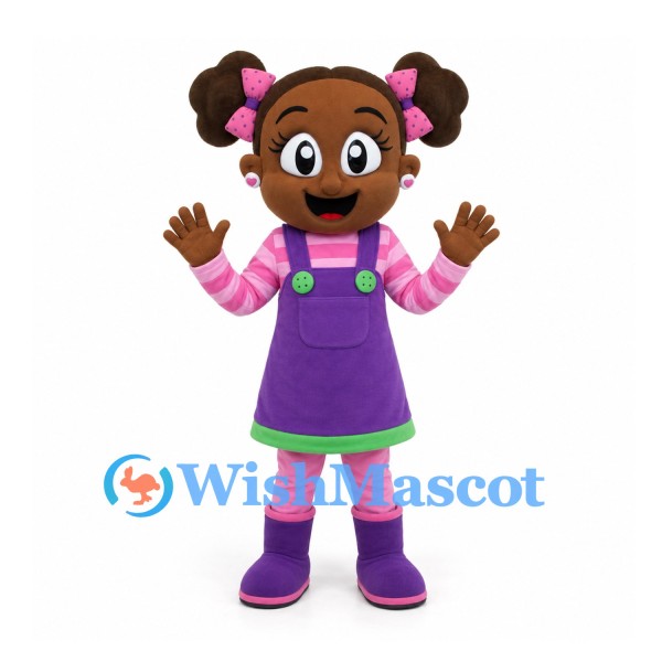 Girl Mascot Costume with Purple Pinafore and Pink Striped Shirt