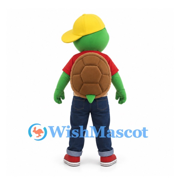 Turtle Mascot Costume with Red Shirt and Yellow Baseball Cap