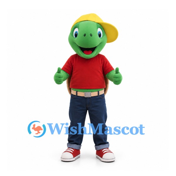 Turtle Mascot Costume with Red Shirt and Yellow Baseball Cap