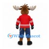 Moose Mascot Costume with Red Hockey Jersey and Gloves