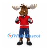 Moose Mascot Costume with Red Hockey Jersey and Gloves