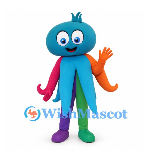 Octopus Mascot Costume with Blue Head and Multicolored Tentacles