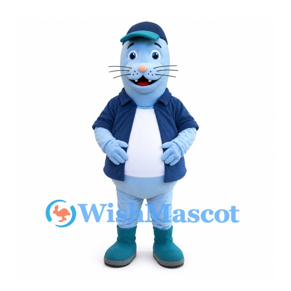 Seal Mascot Costume in Blue with Navy Jacket and Cap