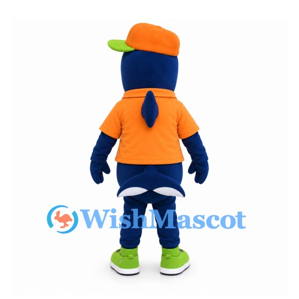 Shark Mascot Costume in Navy with Orange Hoodie and Goggles