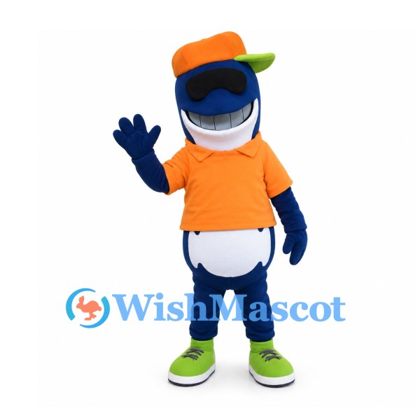 Shark Mascot Costume in Navy with Orange Hoodie and Goggles
