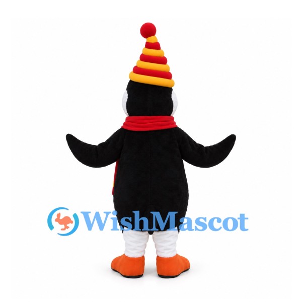 Penguin Mascot Costume with Red Scarf and Striped Winter Hat