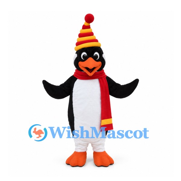 Penguin Mascot Costume with Red Scarf and Striped Winter Hat