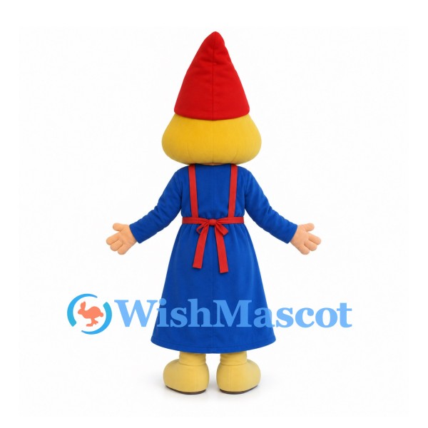 Gnome Mascot Costume with Blue Dress and Red Check Apron