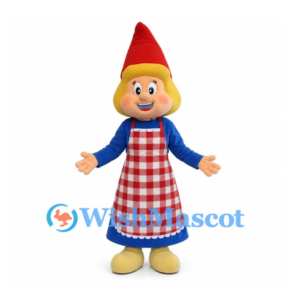 Gnome Mascot Costume with Blue Dress and Red Check Apron