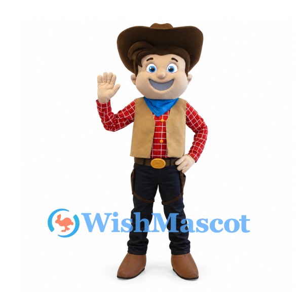 Cowboy Mascot Costume with Brown Hat and Red Check Shirt