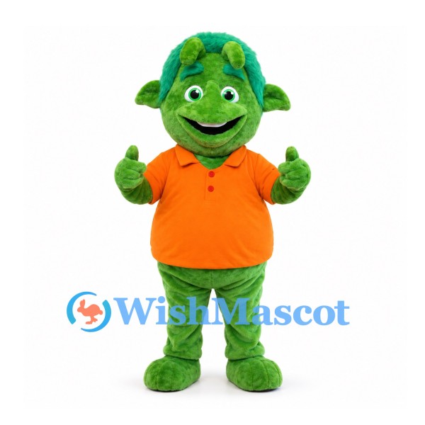 Goblin Mascot Costume in Green with Orange Polo Shirt