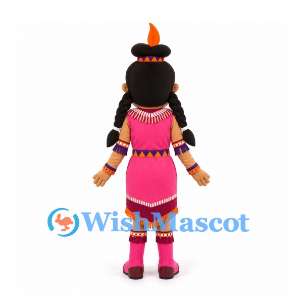 Girl Mascot Costume with Black Braids and Pink Geometric Dress