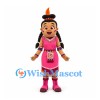 Girl Mascot Costume with Black Braids and Pink Geometric Dress