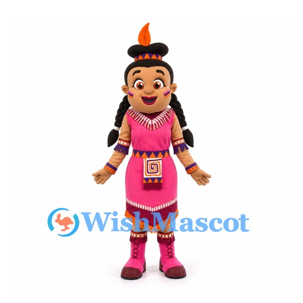 Girl Mascot Costume with Black Braids and Pink Geometric Dress