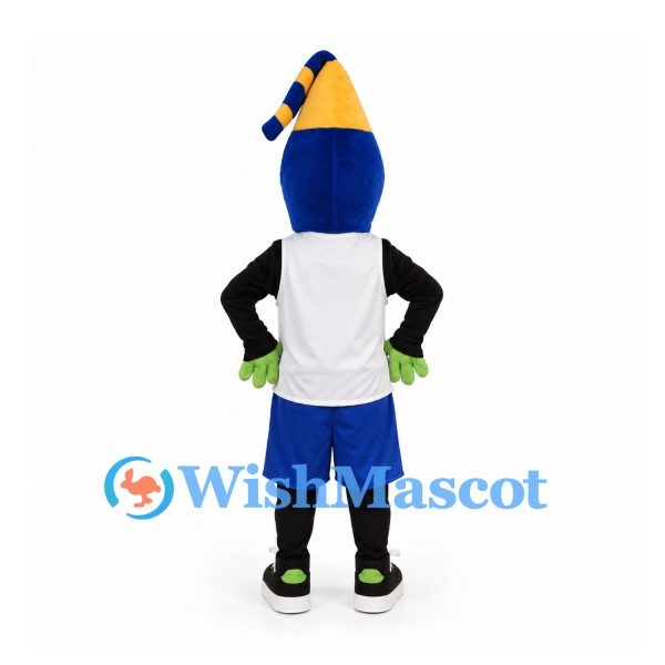 Clown Mascot Costume with Yellow Blue Hat and White Sports Shirt
