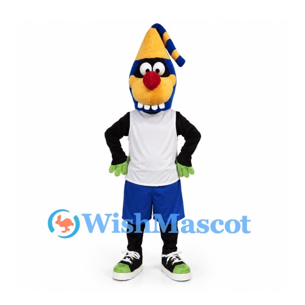 Clown Mascot Costume with Yellow Blue Hat and White Sports Shirt