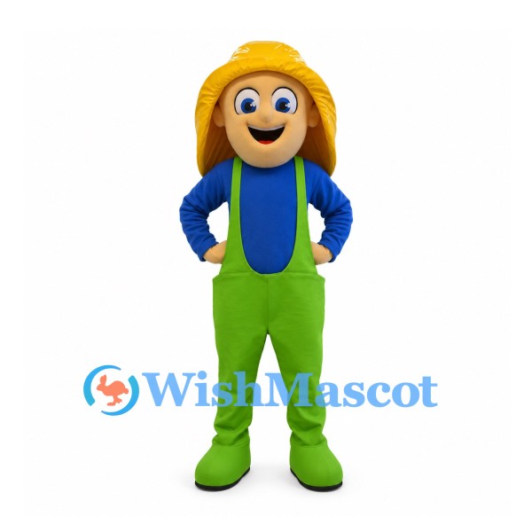 Boy Mascot Costume with Yellow Hair and Green Overalls