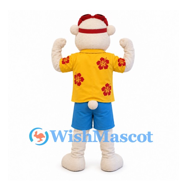Bear Mascot Costume with Yellow Floral Shirt and Blue Shorts