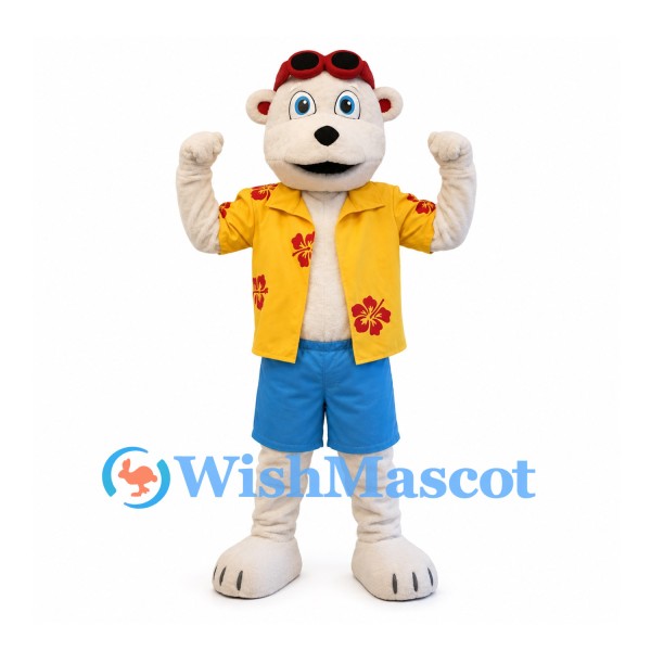 Bear Mascot Costume with Yellow Floral Shirt and Blue Shorts