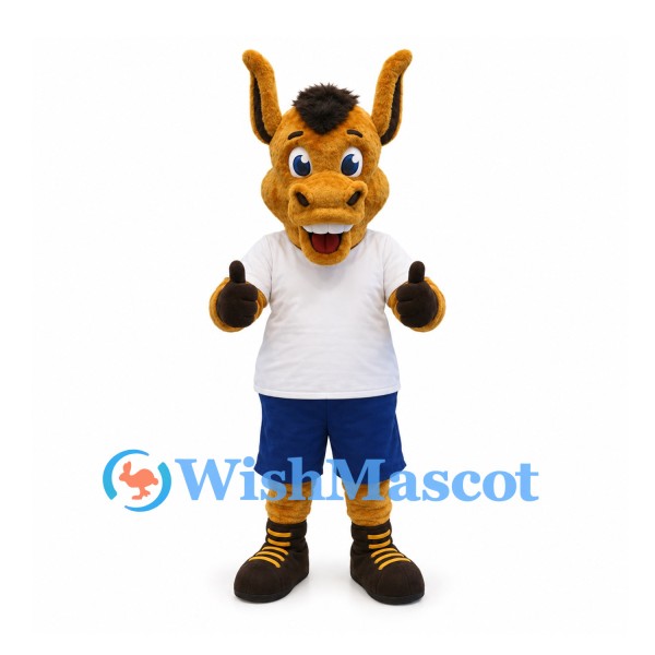 Horse Mascot Costume with White Sports Shirt and Blue Shorts