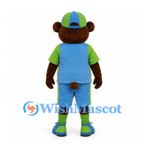 Bear Mascot Costume with Blue Green Sports Outfit and Cap