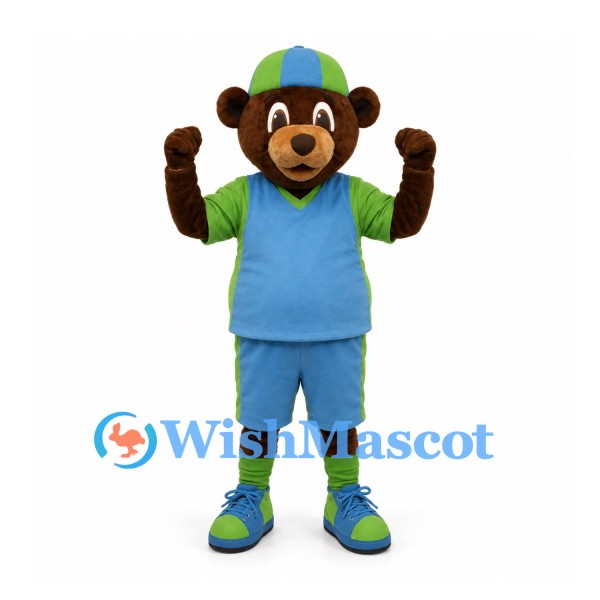 Bear Mascot Costume with Blue Green Sports Outfit and Cap