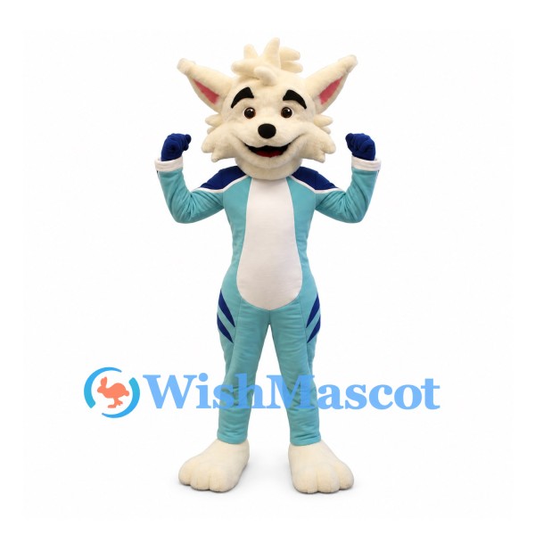 Fox Mascot Costume in White and Turquoise with Bushy Tail