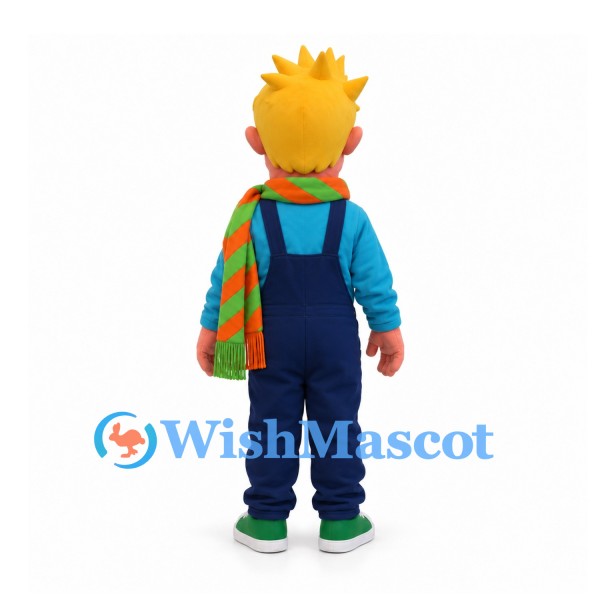 Boy Mascot Costume with Spiky Yellow Hair and Blue Overalls