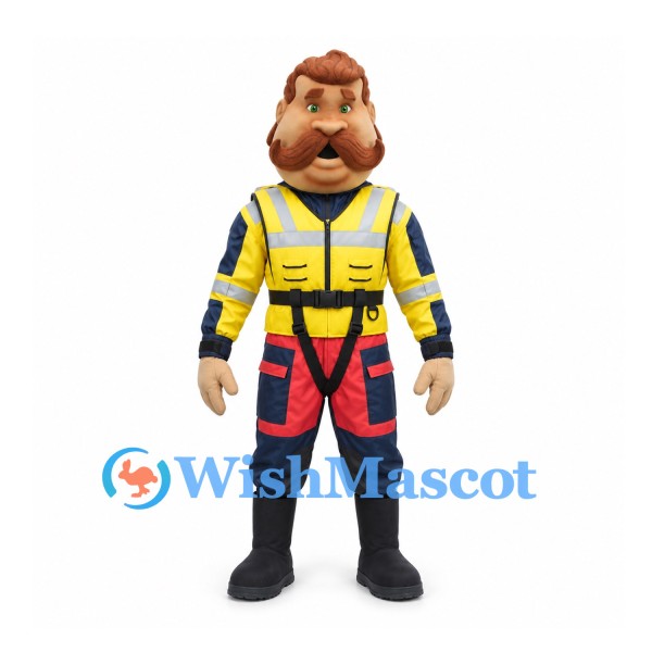 Man Mascot Costume with Yellow Safety Vest and Red Black Pants