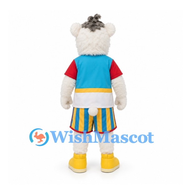 Bear Mascot Costume in White with Turquoise Shirt and Striped Shorts