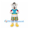 Bear Mascot Costume in White with Turquoise Shirt and Striped Shorts