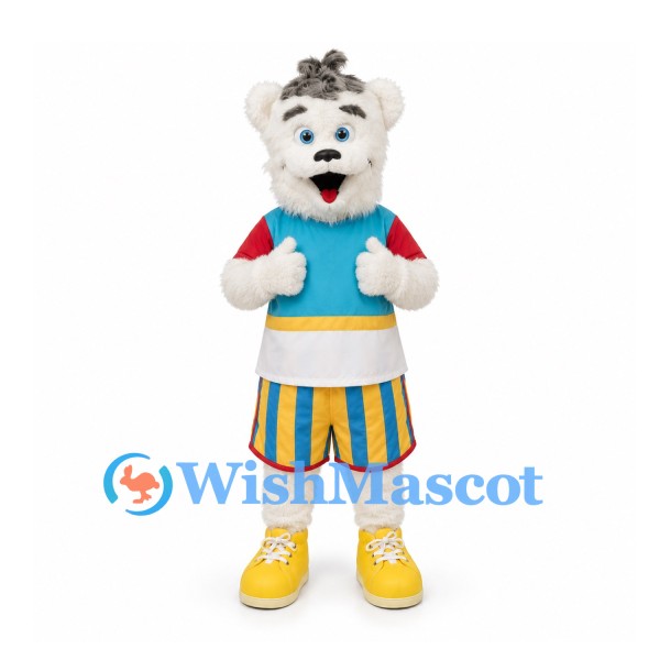 Bear Mascot Costume in White with Turquoise Shirt and Striped Shorts