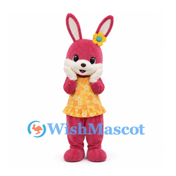 Rabbit Mascot Costume in Pink with Yellow Floral Dress