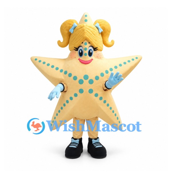 Starfish Mascot Costume with Yellow Pigtails and Blue Spots