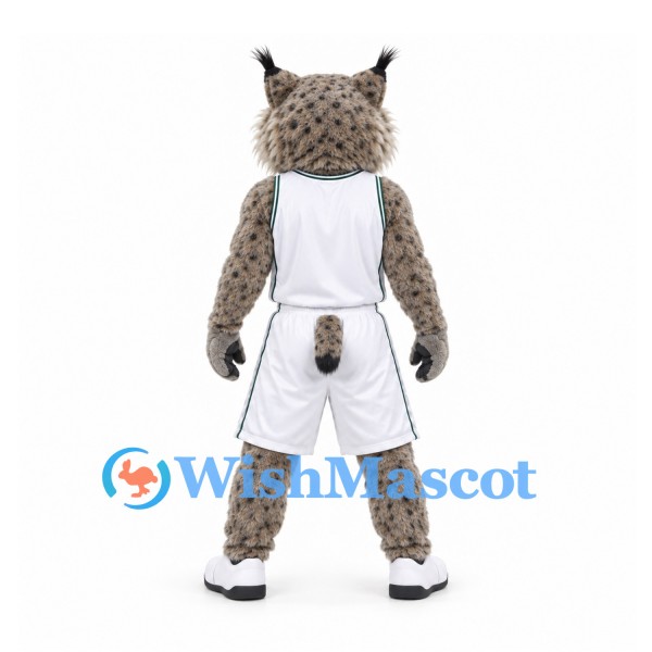 Lynx Mascot Costume with Gray Spotted Body and White Sports Uniform