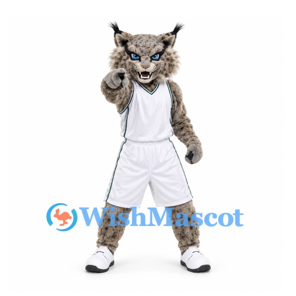 Lynx Mascot Costume with Gray Spotted Body and White Sports Uniform