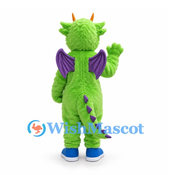 Dragon Mascot Costume in Green with Purple Wings and Blue Sneakers
