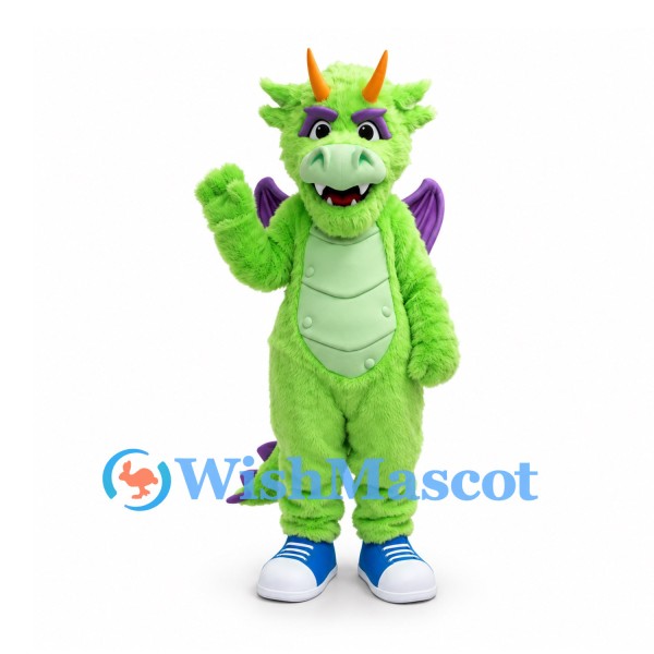 Dragon Mascot Costume in Green with Purple Wings and Blue Sneakers