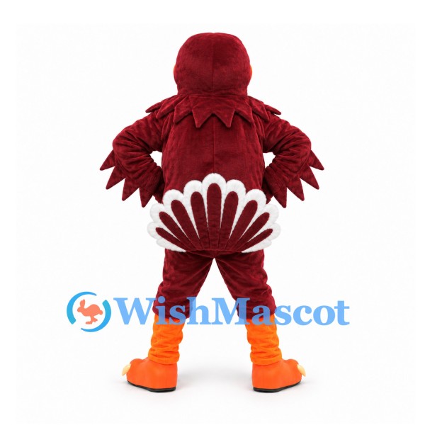 Bird Mascot Costume in Burgundy with Red Face and Orange Feet