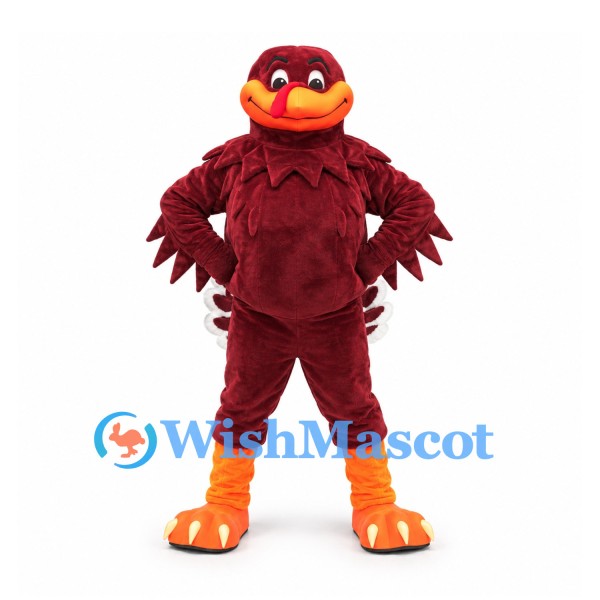 Bird Mascot Costume in Burgundy with Red Face and Orange Feet