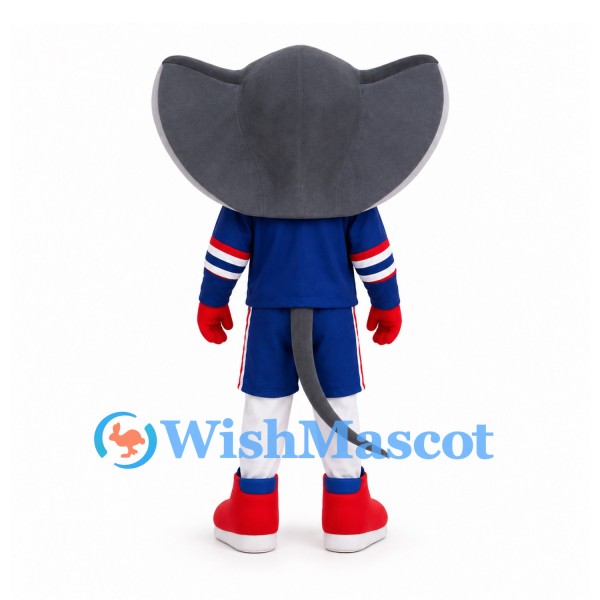 Shark Mascot Costume in Gray with Blue Sports Outfit and Red Gloves
